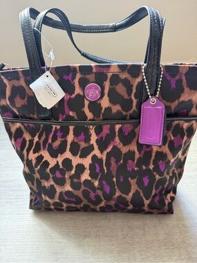 NWT Coach Leopard Print Sarin Tote Bag in Brown/Bk with Purple Accents